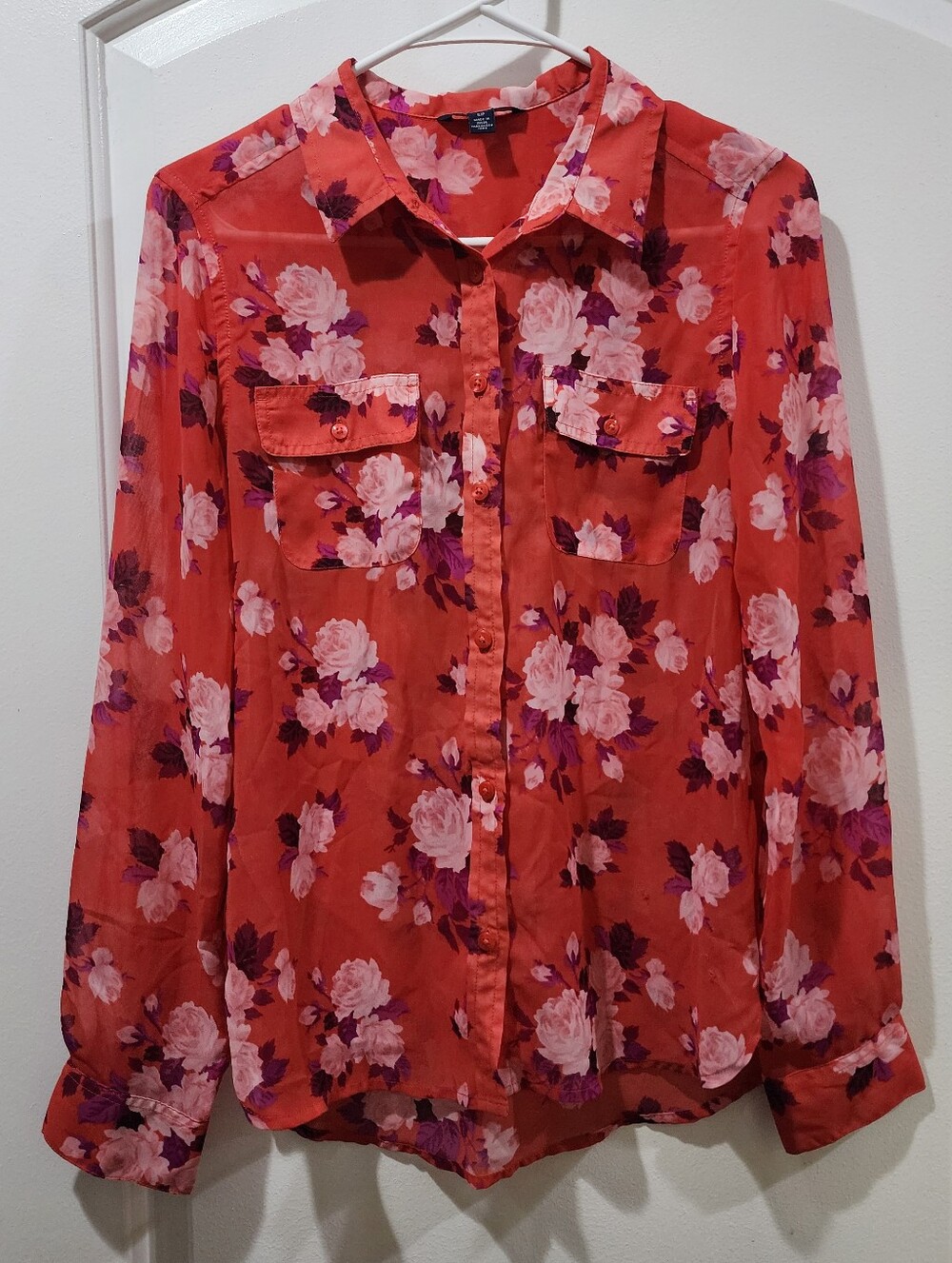 American Eagle Women's Floral Sheer Long Sleeve Casual Button Down Blouse Small